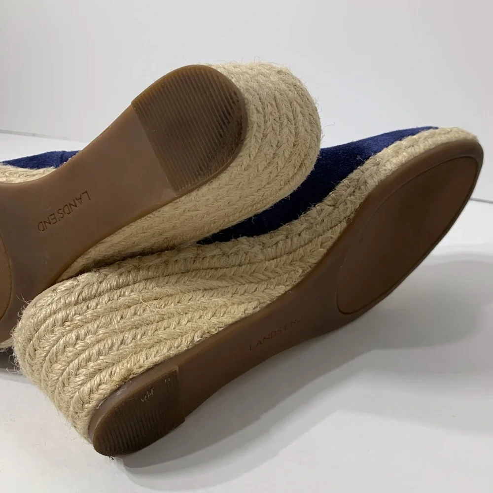 EUC Lands’ End Blue Suede Wedge Jute‎ Heel Sandals